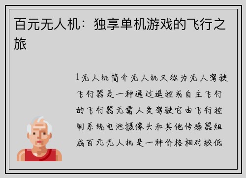 百元无人机：独享单机游戏的飞行之旅